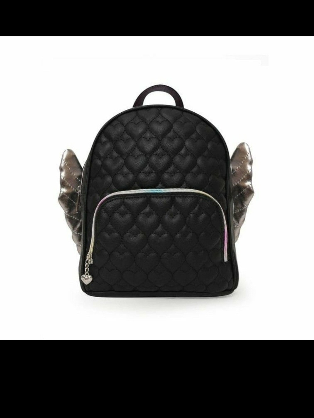 Black Quilted Heart Backpack with Metallic Wing Accents